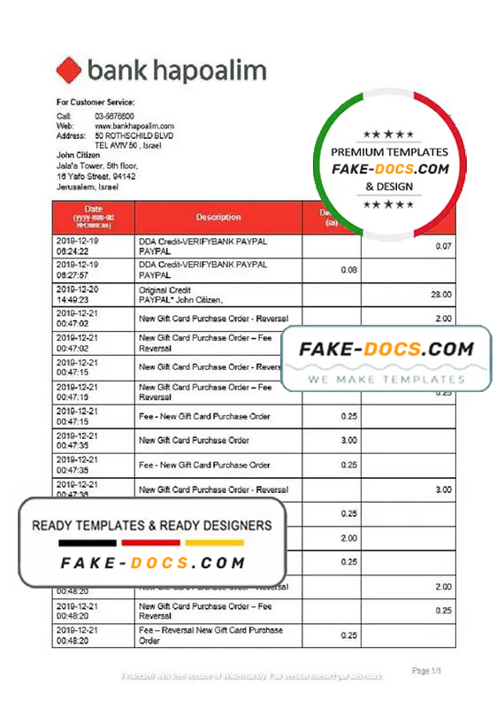 Israel Bank Hapoalim proof of address bank statement template in Word and PDF format Israel Bank Hapoalim proof of address bank statement template in Word and PDF format