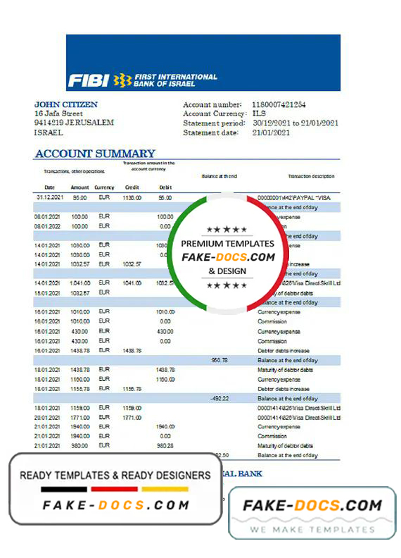 Israel First International Bank of Israel bank statement easy to fill template in Excel and PDF format Israel First International Bank of Israel bank statement easy to fill template in Excel and PDF format