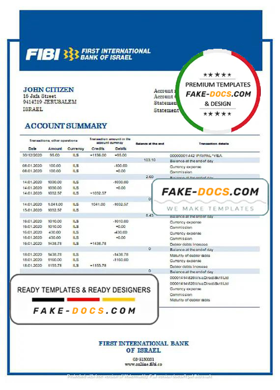 Israel First International Bank of Israel proof of address bank statement template in Word and PDF format Israel First International Bank of Israel proof of address bank statement template in Word and PDF format