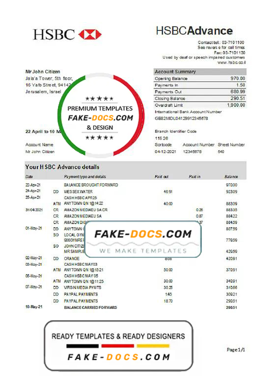 Israel HSBC bank statement easy to fill template in Excel and PDF format Israel HSBC bank statement easy to fill template in Excel and PDF format