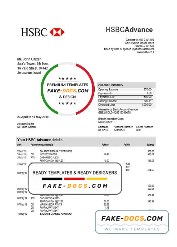 Israel HSBC proof of address bank statement template in Word and PDF format Israel HSBC proof of address bank statement template in Word and PDF format