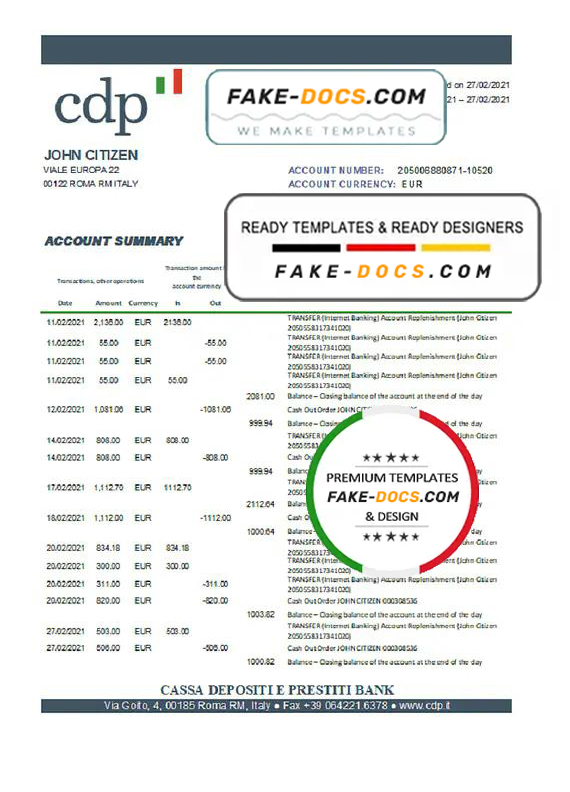 Italy Cassa Depositi e Prestiti bank statement easy to fill template in .xls and .pdf file format Italy Cassa Depositi e Prestiti bank statement easy to fill template in .xls and .pdf file format