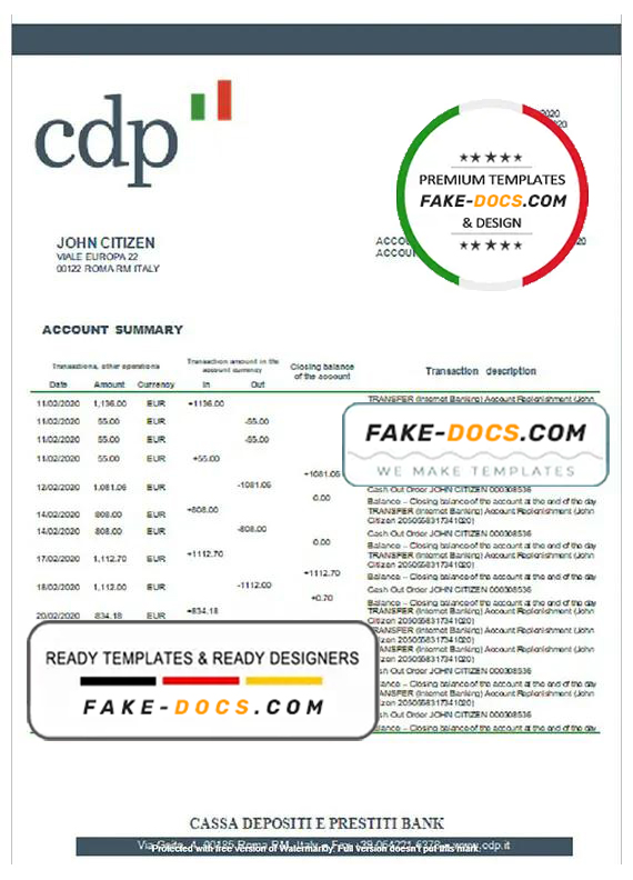 Italy Cassa Depositi e Prestiti bank statement template in Word and PDF format, fully editable Italy Cassa Depositi e Prestiti bank statement template in Word and PDF format, fully editable