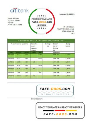 Italy Citibank bank statement easy to fill template in .xls and .pdf file format Italy Citibank bank statement easy to fill template in .xls and .pdf file format