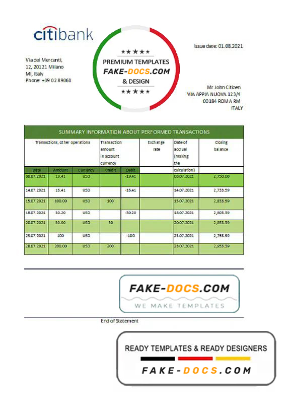 Italy Citibank bank statement easy to fill template in .xls and .pdf file format Italy Citibank bank statement easy to fill template in .xls and .pdf file format