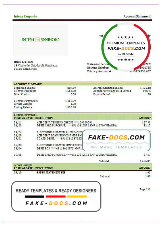 Italy Intesa Sanpaolo statement template in .doc and .pdf format, fully editable Italy Intesa Sanpaolo statement template in .doc and .pdf format, fully editable