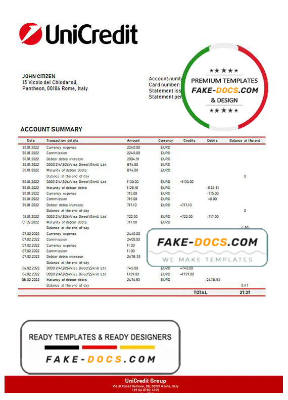 Italy Unicredit statement template in .doc and .pdf format, fully editable Italy Unicredit statement template in .doc and .pdf format, fully editable