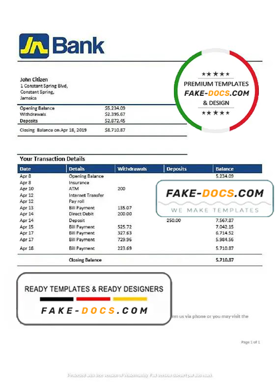 Jamaica National Bank proof of address statement template in Word and PDF format Jamaica National Bank proof of address statement template in Word and PDF format