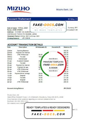 Japan Mizuho bank statement template in .xls and .pdf file format Japan Mizuho bank statement template in .xls and .pdf file format