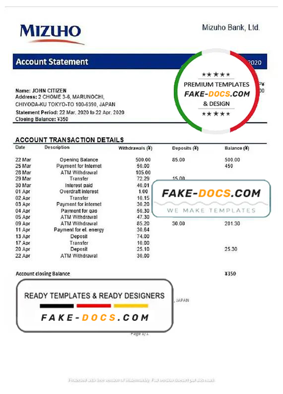 Japan Mizuho Bank statement template in Word and PDF format, good for address prove Japan Mizuho Bank statement template in Word and PDF format, good for address prove
