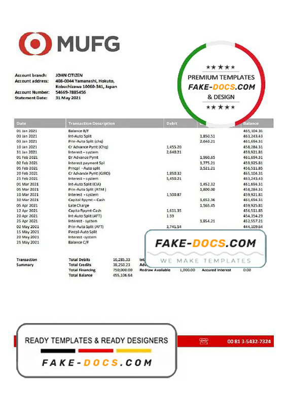 Japan MUFG bank statement template in Word and PDF format Japan MUFG bank statement template in Word and PDF format