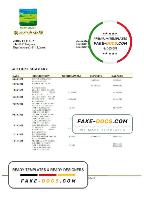 Japan Norinchukin bank statement template in Word and PDF format Japan Norinchukin bank statement template in Word and PDF format
