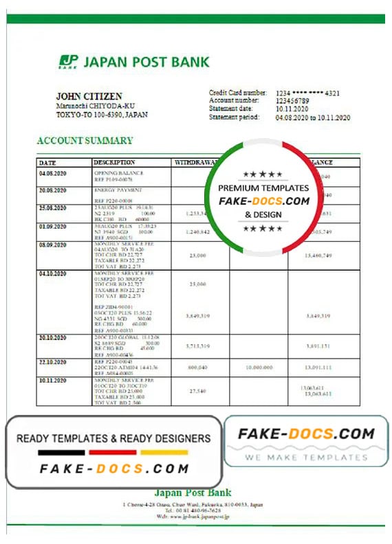 Japan Post Bank statement template in Word and PDF format, good for address prove Japan Post Bank statement template in Word and PDF format, good for address prove
