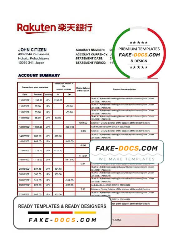 Japan Rakuten bank statement template in Excel and PDF format Japan Rakuten bank statement template in Excel and PDF format