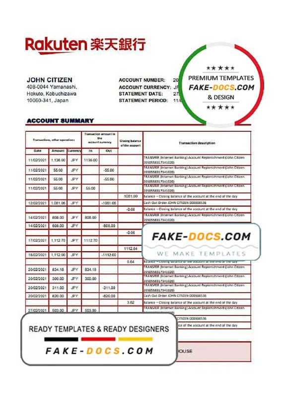 Japan Rakuten bank statement template in Word and PDF format Japan Rakuten bank statement template in Word and PDF format
