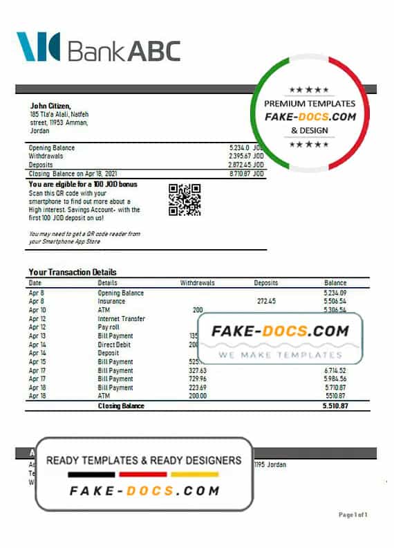 Jordan ABC proof of address bank statement template in Word and PDF format Jordan ABC proof of address bank statement template in Word and PDF format