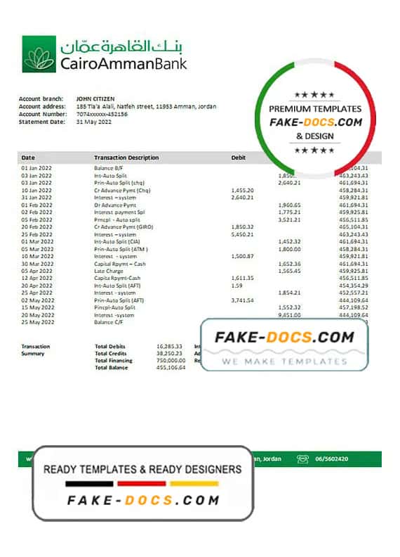 Jordan Cairo Amman proof of address bank statement template in Word and PDF format Jordan Cairo Amman proof of address bank statement template in Word and PDF format
