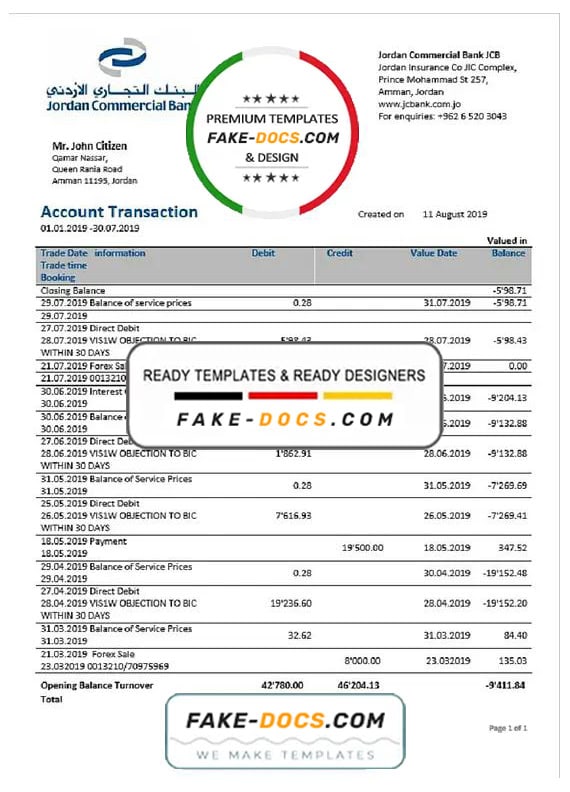 Jordan Commercial Bank statement easy to fill template in Word and PDF format Jordan Commercial Bank statement easy to fill template in Word and PDF format