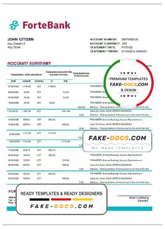 Kazakhstan Forte bank statement template in Word and PDF format Kazakhstan Forte bank statement template in Word and PDF format
