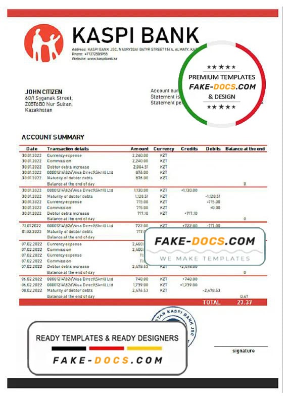 Kazakhstan Kaspi bank proof of address statement template in Word and PDF format Kazakhstan Kaspi bank proof of address statement template in Word and PDF format