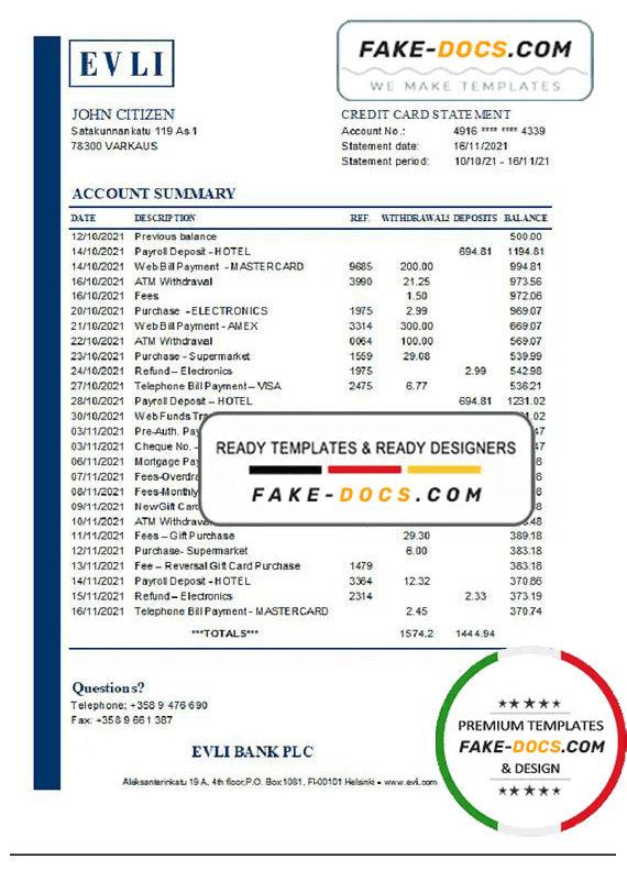 Finland Evli Bank PLC bank statement easy to fill template in Excel and PDF format Finland Evli Bank PLC bank statement easy to fill template in Excel and PDF format