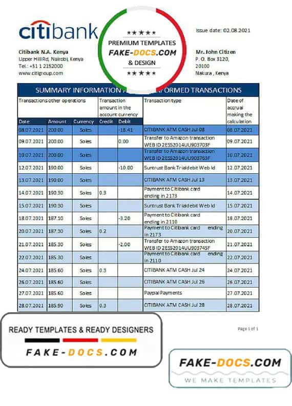 Kenya Citibank bank statement easy to fill template in .xls and .pdf file format Kenya Citibank bank statement easy to fill template in .xls and .pdf file format