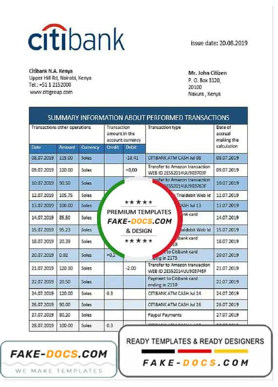Kenya Citibank bank statement template in Word and PDF format Kenya Citibank bank statement template in Word and PDF format