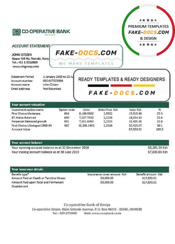 Kenya Co-Operative Bank proof of address statement template in Word and PDF format, .doc and .pdf format Kenya Co-Operative Bank proof of address statement template in Word and PDF format, .doc and .pdf format