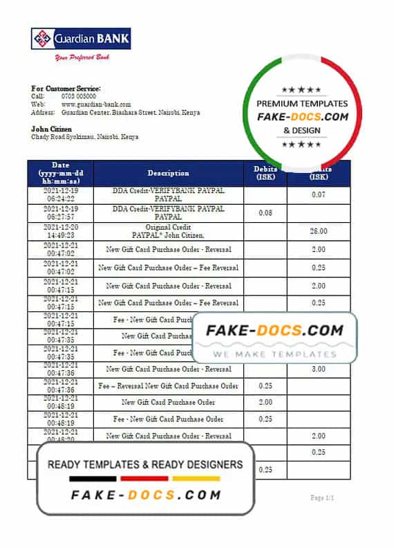 Kenya Guardian Bank proof of address statement template in Word and PDF format, .doc and .pdf format Kenya Guardian Bank proof of address statement template in Word and PDF format, .doc and .pdf format