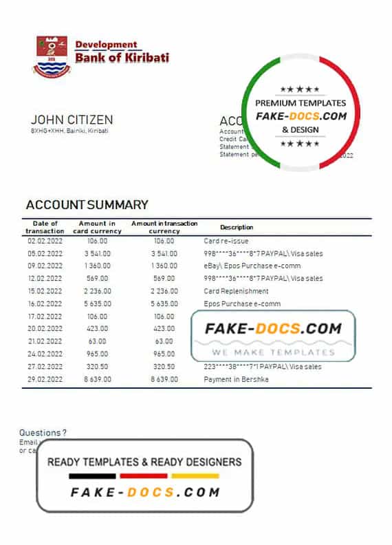 Kiribati Development Bank of Kiribati proof of address bank statement template in Word and PDF format (.doc and .pdf) Kiribati Development Bank of Kiribati proof of address bank statement template in Word and PDF format (.doc and .pdf)