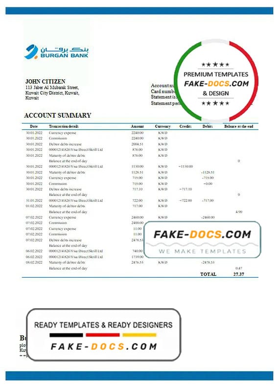 Kuwait Burgan bank statement template in Word and PDF format, fully editable Kuwait Burgan bank statement template in Word and PDF format, fully editable