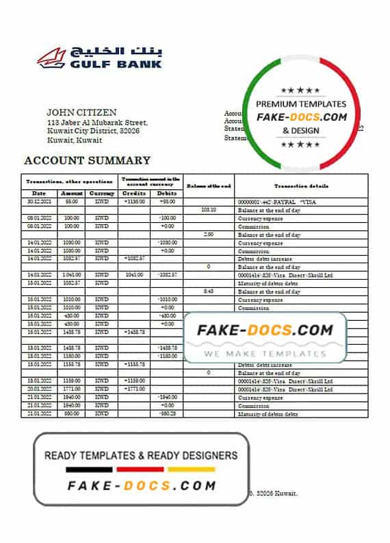 Kuwait Gulf bank statement template in Word and PDF format, fully editable Kuwait Gulf bank statement template in Word and PDF format, fully editable