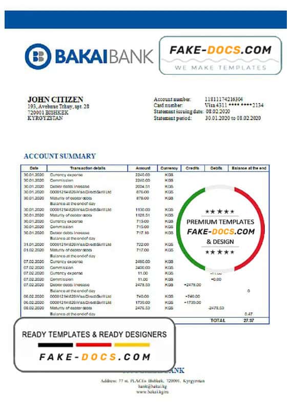 Kyrgyzstan OJSC Bakai Bank proof of address bank statement template in Word and PDF format Kyrgyzstan OJSC Bakai Bank proof of address bank statement template in Word and PDF format