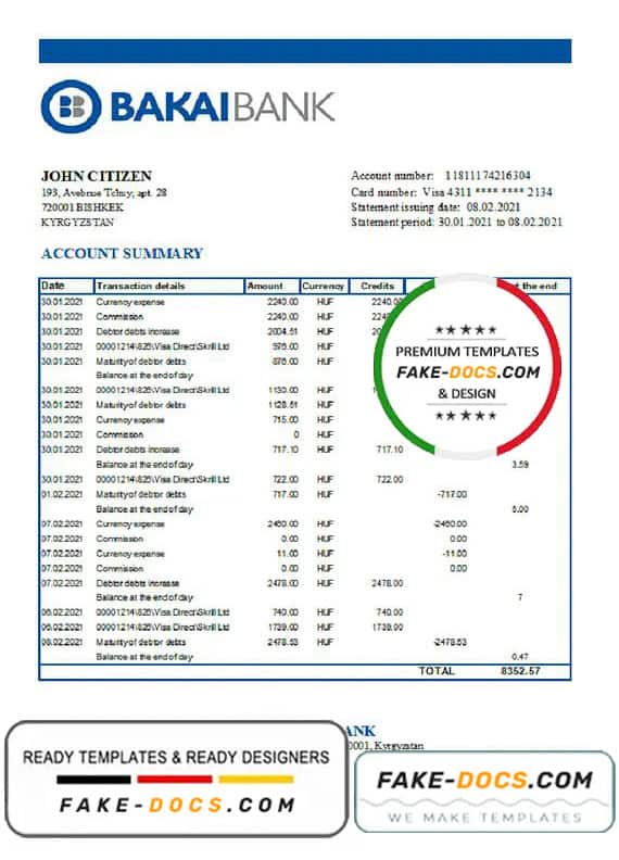Kyrgyzstan OJSC Bakai Bank statement easy to fill template in Excel and PDF format Kyrgyzstan OJSC Bakai Bank statement easy to fill template in Excel and PDF format