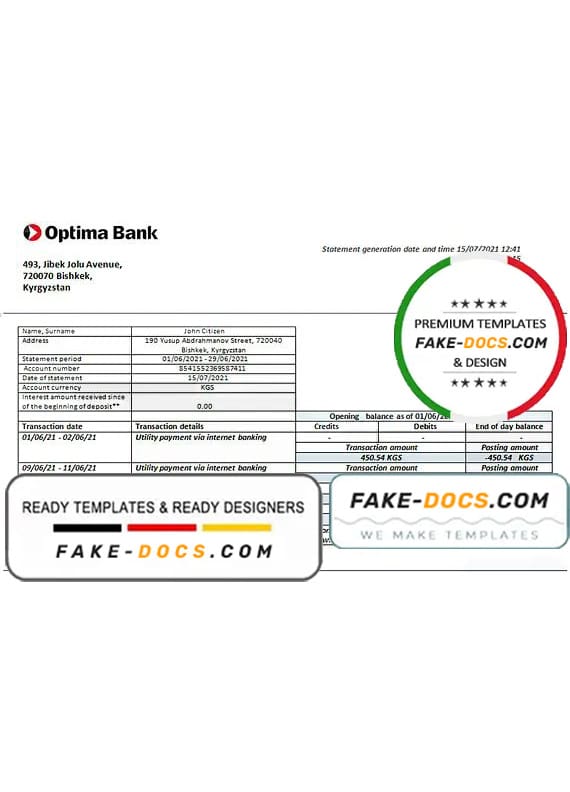 Kyrgyzstan Optima bank statement template in Word and PDF format Kyrgyzstan Optima bank statement template in Word and PDF format