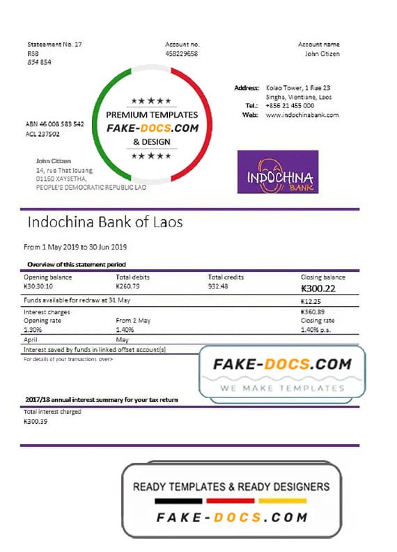 Laos Indochina Bank statement template in Word and PDF format Laos Indochina Bank statement template in Word and PDF format