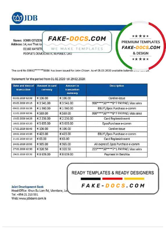 Laos Joint Development Bank (JDB) proof of address bank statement template in Word and PDF format Laos Joint Development Bank (JDB) proof of address bank statement template in Word and PDF format