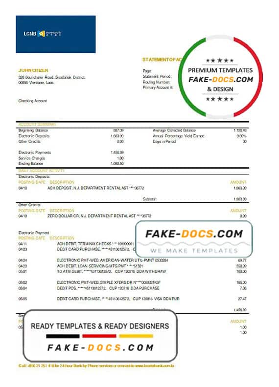 Laos LCNB bank statement template, Word and PDF format (.doc and .pdf) Laos LCNB bank statement template, Word and PDF format (.doc and .pdf)