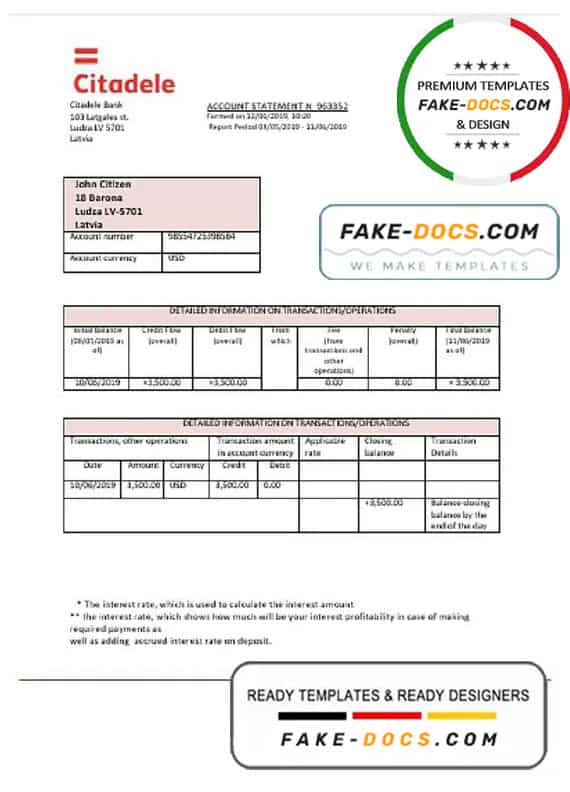 Latvia Citadele bank statement template, Word and PDF format (.doc and .pdf) Latvia Citadele bank statement template, Word and PDF format (.doc and .pdf)
