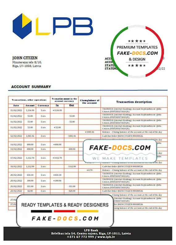 Latvia LPB bank statement template, Word and PDF format (.doc and .pdf) Latvia LPB bank statement template, Word and PDF format (.doc and .pdf)
