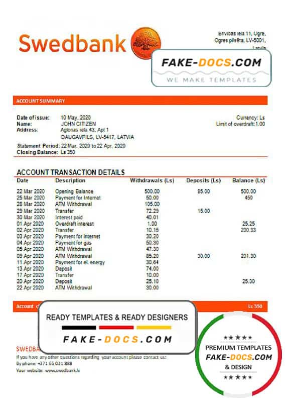Latvia Swedbank bank statement template, Word and PDF format (.doc and .pdf) Latvia Swedbank bank statement template, Word and PDF format (.doc and .pdf)