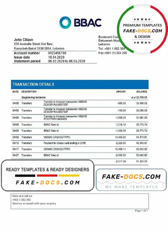 Lebanon BBAC Bank proof of address statement template in Word and PDF format Lebanon BBAC Bank proof of address statement template in Word and PDF format