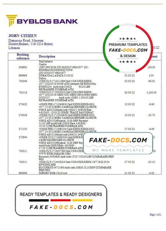 Lebanon Byblos Bank statement template in Word and PDF format Lebanon Byblos Bank statement template in Word and PDF format