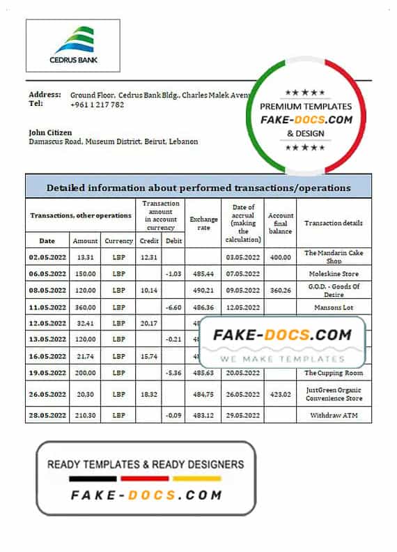 Lebanon Cedrus Bank statement template in Word and PDF format Lebanon Cedrus Bank statement template in Word and PDF format