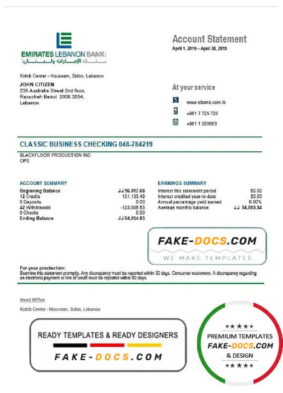 Lebanon Emirates Lebanon Bank statement template in Word and PDF format, good for address prove Lebanon Emirates Lebanon Bank statement template in Word and PDF format, good for address prove