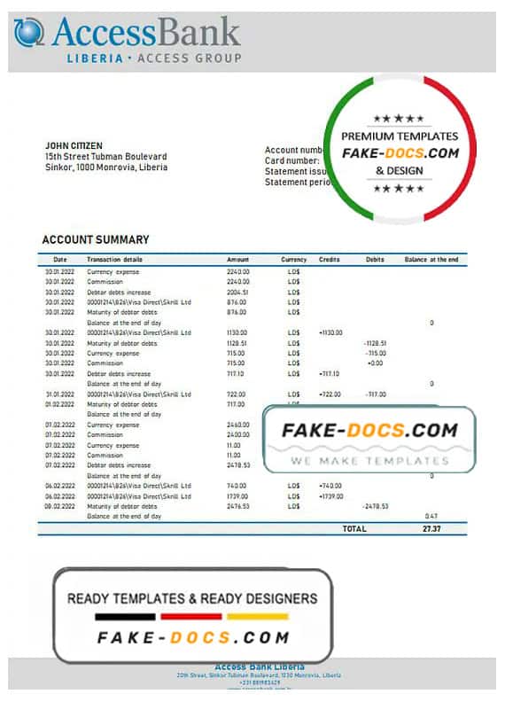 Liberia Access bank statement template in Word and PDF format Liberia Access bank statement template in Word and PDF format