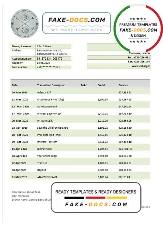 Liberia Central Bank of Liberia bank statement template in Word and PDF format Liberia Central Bank of Liberia bank statement template in Word and PDF format