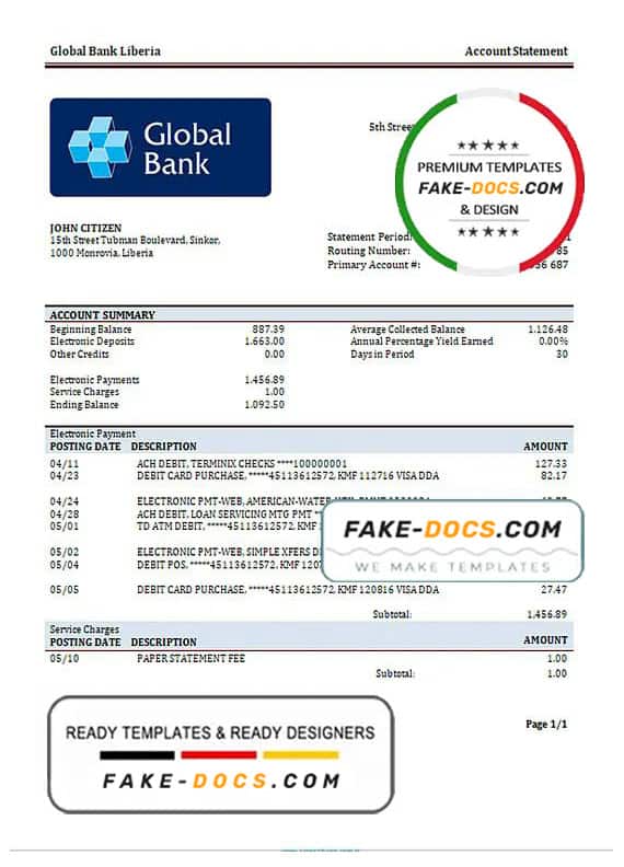 Liberia Global bank statement template in Word and PDF format Liberia Global bank statement template in Word and PDF format