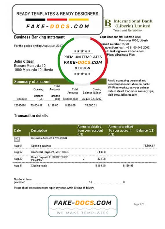 Liberia IB International Bank proof of address statement template in Word and PDF format Liberia IB International Bank proof of address statement template in Word and PDF format
