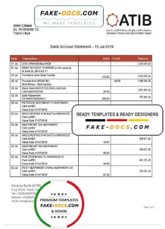 Libya Assaray (ATIB) bank statement easy to fill template in Word and PDF format Libya Assaray (ATIB) bank statement easy to fill template in Word and PDF format